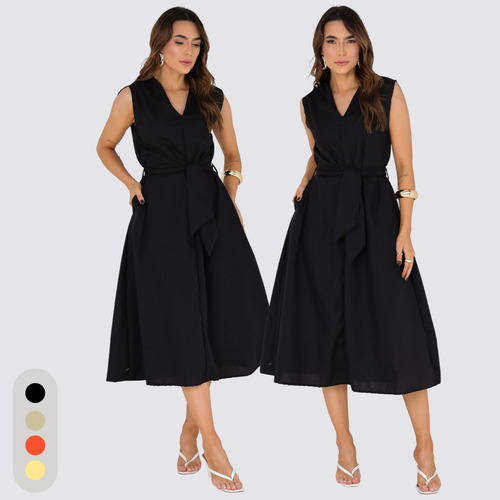Vestido Midi Com Amarração Moda Estilo Casual