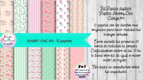 Papeles Digitales Shabby Chic Rosa Y Verde Aguamarino B15