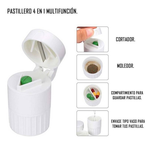 Pastillero 4 En 1. Muele, Parte, Corta Y Guarda Pastillas