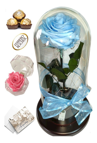 Rosa Preservada 100% Natural Azul Claro + Luz Led + Obsequio | Envío gratis