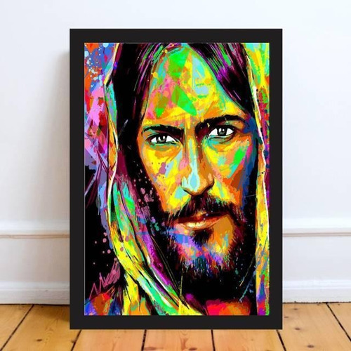 Quadro Estilo Pintura Rosto Jesus 45x34cm Moldura Preta