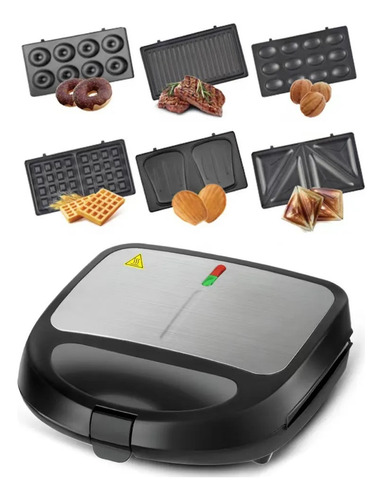 Maquina Sandwichera Waflera Donera Premium 6 En 1 Negro Y Plateado