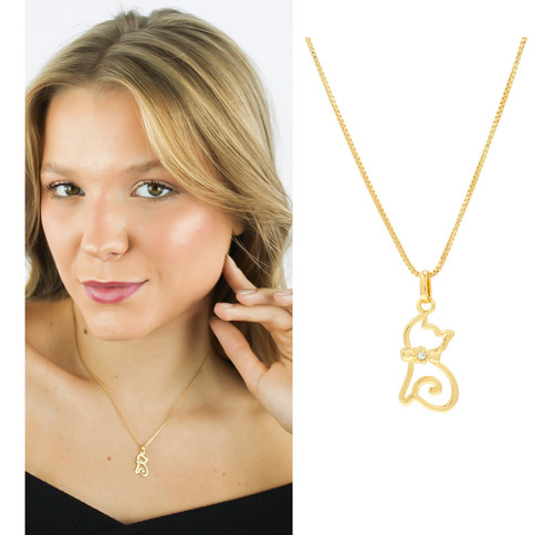 Colar Gato Pet Zircônias Corrente Presente Banhado Ouro 18k Cor Dourado