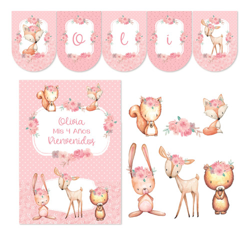 Kit Imprimible Animales Del Bosque Romántico Rosas