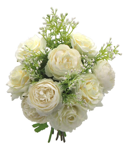 9 Flores Artificiales De Rosas Blancas Y Peonías, Ramo De Se