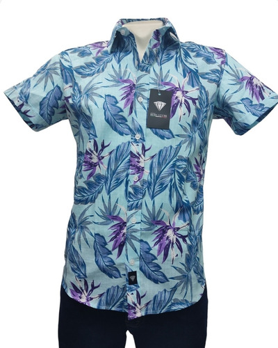 Camisa Giorgio Berlucchi Hawaiana 05 Slim Fit  Azul Cielo 