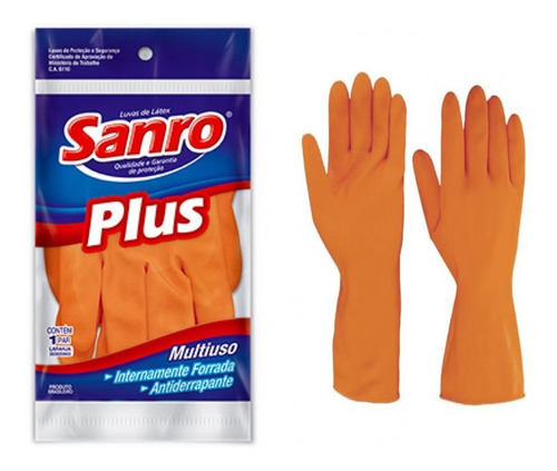 Luva Látex Sanro Plus Laranja Multiuso Tamanho M 10 Pares