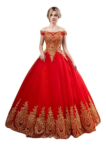 Vestidos De Quinceañera Elegante Color Rojo Dorado Barato 