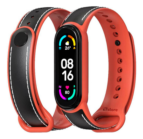 Correa De Cuero Xiaomi Mi Band 5 Y 6 Negro M/naranja