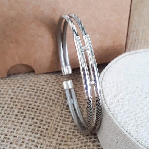 Bracelete Masculino Aço Inox Com Prata 950 Lisa Dupla