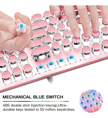 Teclado Y Mouse Tipo Máquina De Escribir Rosa, Retro, Vintage Para Juegos Con Retroiluminación Led Blanca, 104 Teclas Anti-ghosting Redondas, Interruptor Azul Con Cable, Para Escritorio O Laptop