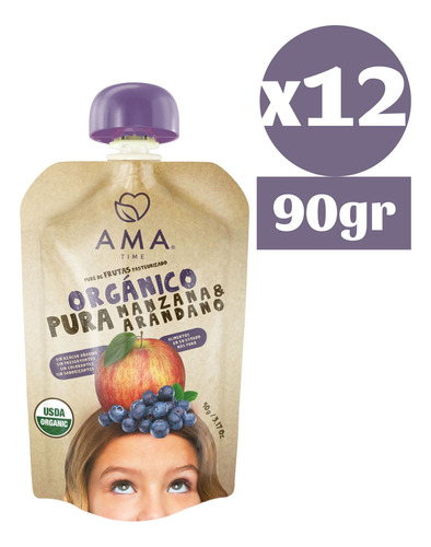 12x Ama Pure Fruta Manzana Arandano Orgánico Papilla Compota