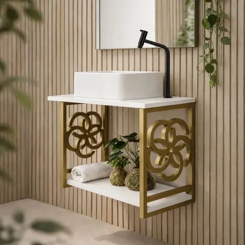 Gabinete Armário Banheiro Estilo Industrial Cuba Balcão Pia Pia Branco Móvel Dourado/branco Quantidade De Furos Para Torneira Um Furo