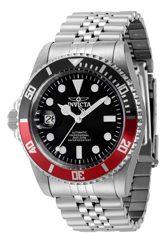 Relógio Masc Invicta Pro Diver 42mm Modelo 43983 Automático Correia Prateado Bisel Vermelho Fundo Preto