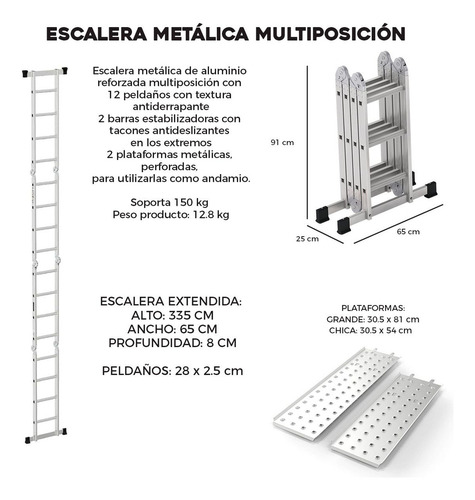 Escalera 12 Peldaños Andamio Multiposiciones Plegable 3.35m Color Plateado SelectShop HR9C5