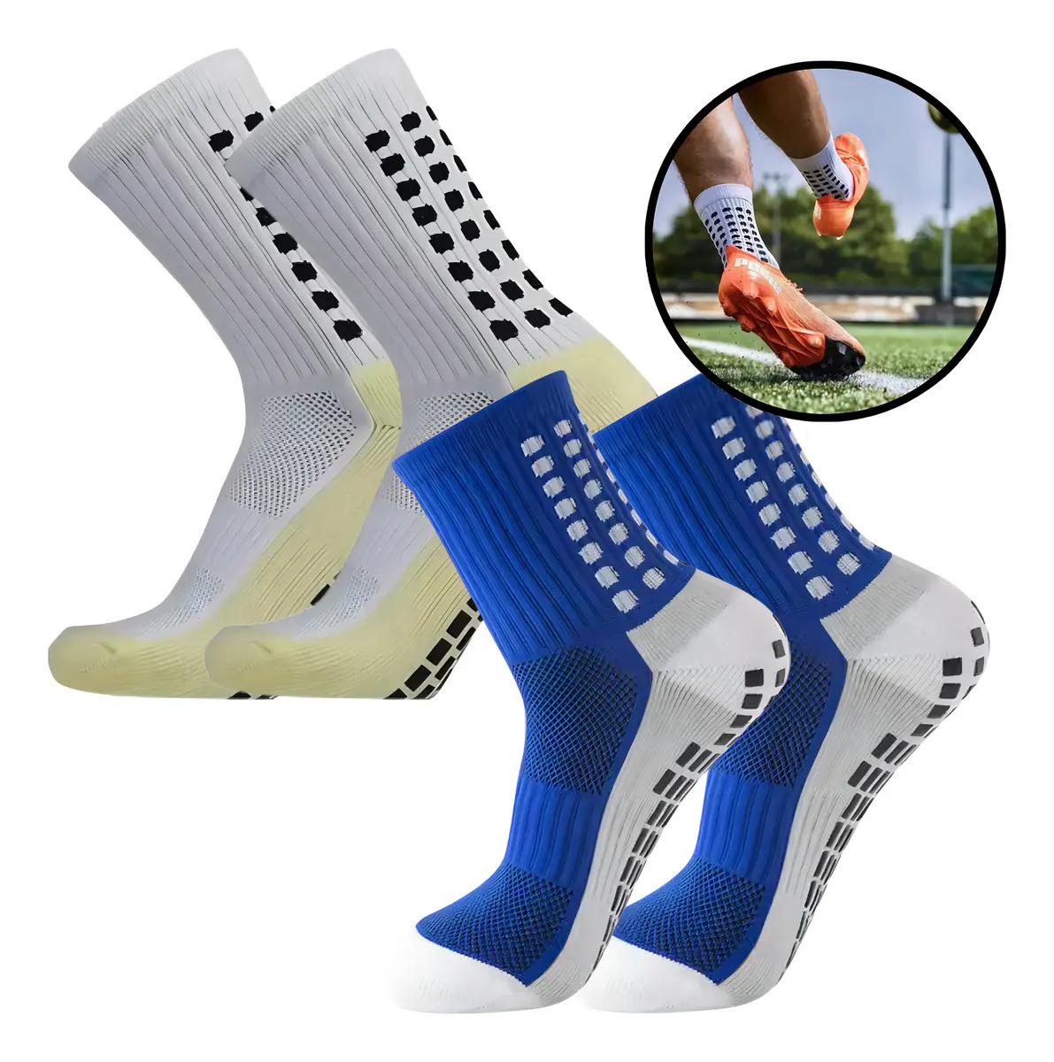Kit 2 Pares Meias Antiderrapantes Futebol Esportivas Azul e Branco
