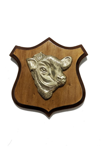 Escudo De Bronce Vaca Aberdeen Angus Antiguedades Madera