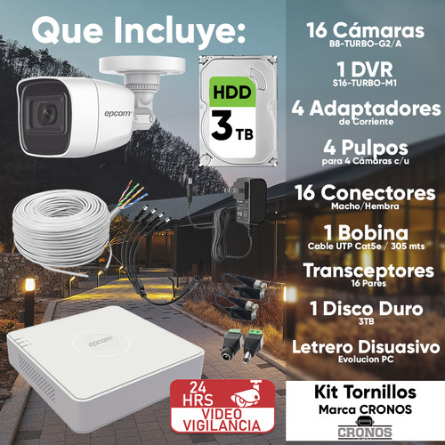 Epcom Kit Cámaras De Seguridad De Video Vigilancia Metálicas Con Micrófono Integrado + Disco Duro 3tb Modelo B8-mic-plus16+3t-b 2mpcctv 16 Cámaras Bala Con Audio Por Coaxitron Turbohd 1080p Lite