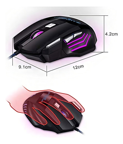 Mouse ergonômico Gaming Gamer Optical Wired USB LED 7 botões 5500 Dpi Scroll Wheel Color Techno Black