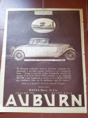 1927 Publicidad Vintage Automovil Auburn Cabriolet Argentina