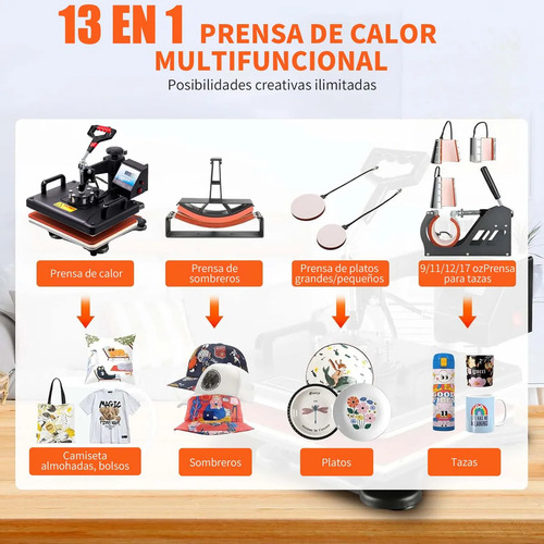 Kit Combo Sublimar 13 En 1 Plancha Para Tazas Gorras Playera