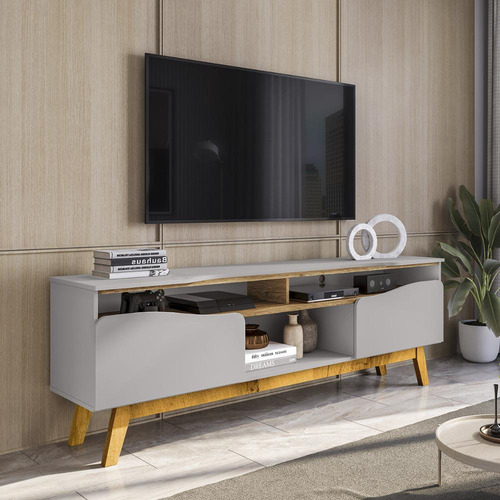 Rack Ilhabela Tv 75 Polegadas Com 2 Porta Pés Madeira Maciça Cor Off White/cinamomo