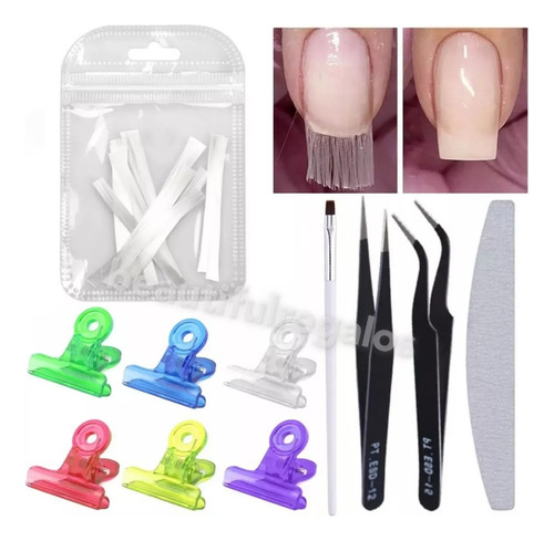 Kit Uñas Hilo Fibra De Vidrio Set Pincel Broche Pinzas Lima