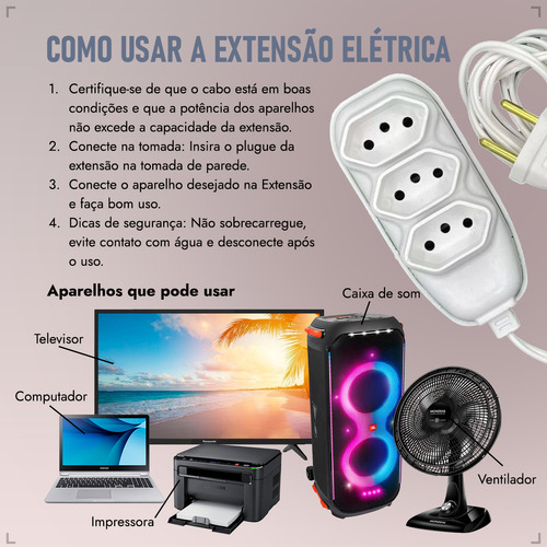 Extensão Elétrica 3 Metros Fio Grosso 3 Tomada 3 Pino Cor Branco