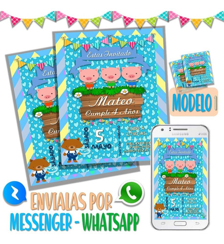 Tarjeta Invitacion Digital 3 Cerditos Whatsapp M1