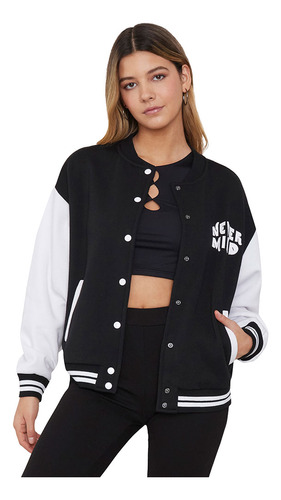 Bomber Polerón Mujer College Oversize Negro Corona