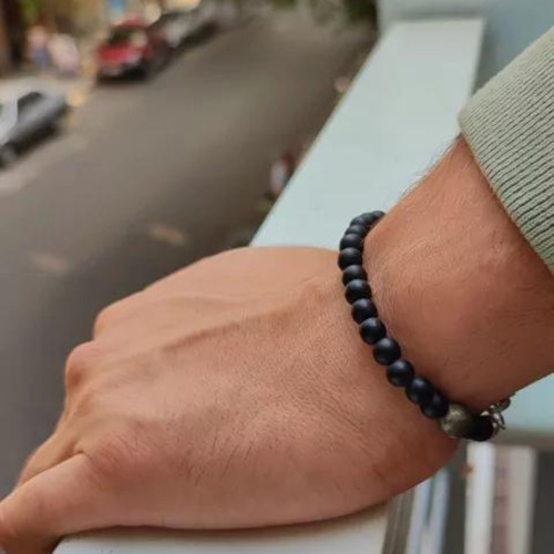 Pulsera Hombre Abundancia Piedra Onix Negro Con Pirita Diámetro 20 Largo 20