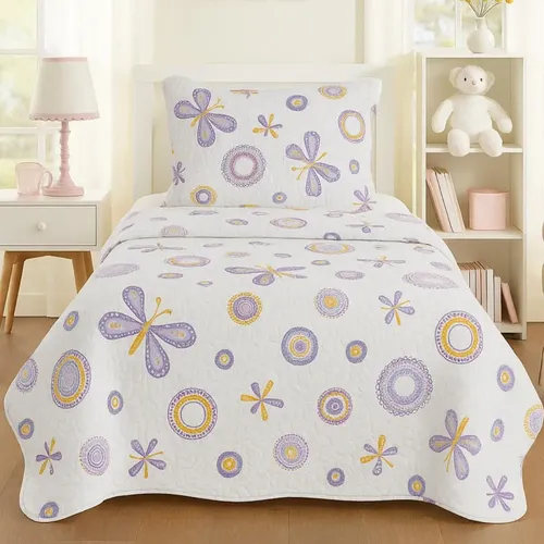 Kit Colcha Cobre Leito Infantil Menino Menina Solteiro 2 Pçs Cor Branca/Lilas Borboleta