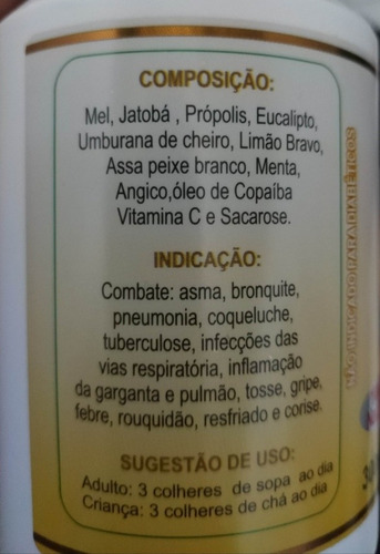 Xarope P Tosse Mel Jatobá- 300ml Asma,bronquite, Tuber,gripe
