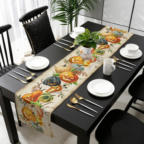 Caminos De Mesa De Lino Halloween Horror Pumpkin Leaves Spri