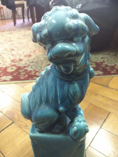 Estatua Adorno Porcelana  Perro De Foo Oriental En Azul 