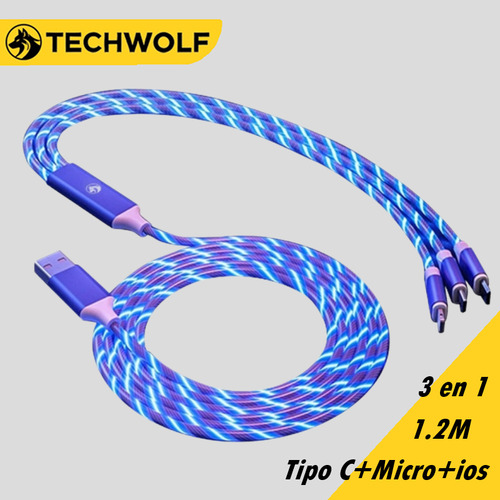 Cable De Carga 3 En 1 Con Luz Fluida Cable Usb-a A Tipo C/micro/ios Color Azul, Techwolf Cable Usb C Teléfono Móvil Con Luz Led 1.2m