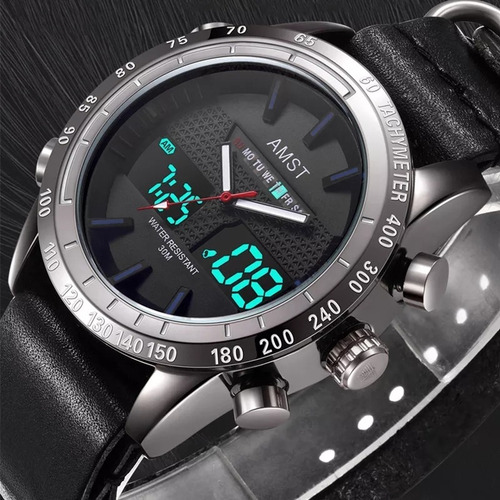 Relógio Esportivo Militar Pulseira De Couro Digital Amst