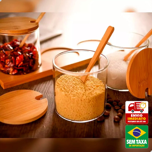 Kit Porta Temperos Cozinha Vidro Colher Suporte Bambu 300ml
