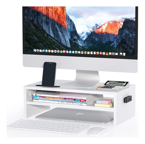Soporte De Monitor De Madera Blanca De 2 Niveles Con Almacen