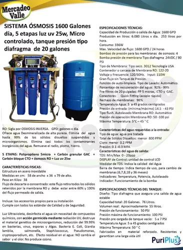 Filtro Agua Ósmosis Inversa 1600 Gpd 5 Etapas Y Tanque 20g