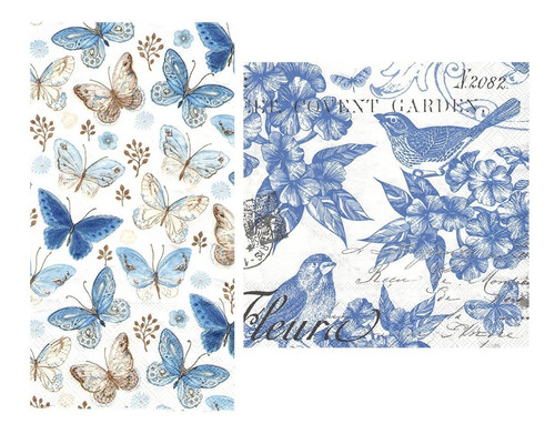Imagen 1 de 4 de Servilletas Decoupage Set Mariposas Y Pájaros Azules