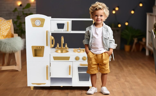 Woodenedu Juego De Cocina Para Niños De 3 A 8 Años, Cocin. Color Blanco