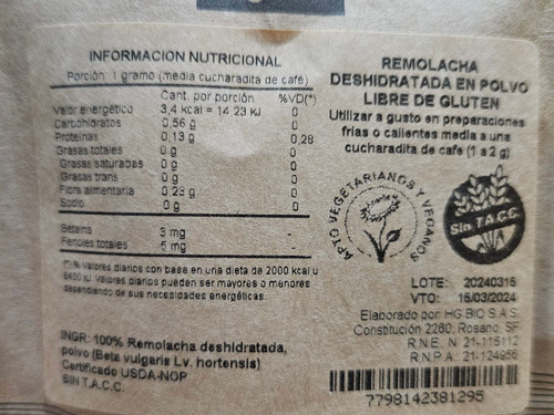 Remolacha En Polvo X50gr Organikal