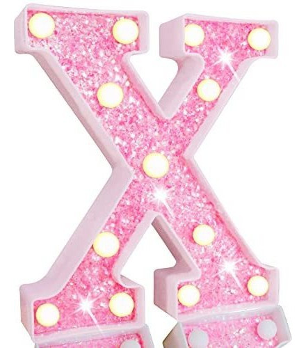 Letra Decorativa Con Luz Led Plastico Rosa Glitter Letra X