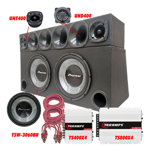 Som Completo Caixa 2 Sub Pioneer + Corneteira + 2 Modulos Cor Preto