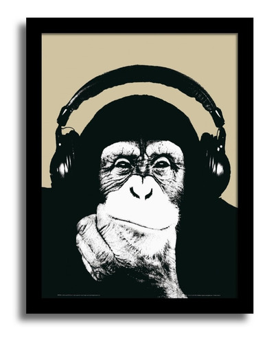 Quadro Decorativo Retrô Macaco Chimpanzé De Fone Sala Barato