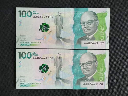 Dúo Billetes $100.000 Nva.flia. Serie Aa Unc 08/08/2014