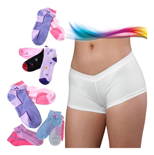 Combo De 12 Boxer Mini Short Mujer + 12 Pares Soquetes