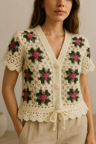Sweater Lana Mohair Crochet Calado Flores Rosas 3d Y Brillos