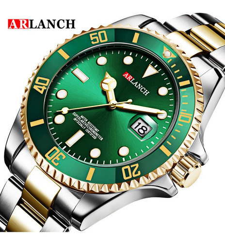 Relógio luminoso analógico de luxo Arlanch para homens, cor de fundo verde